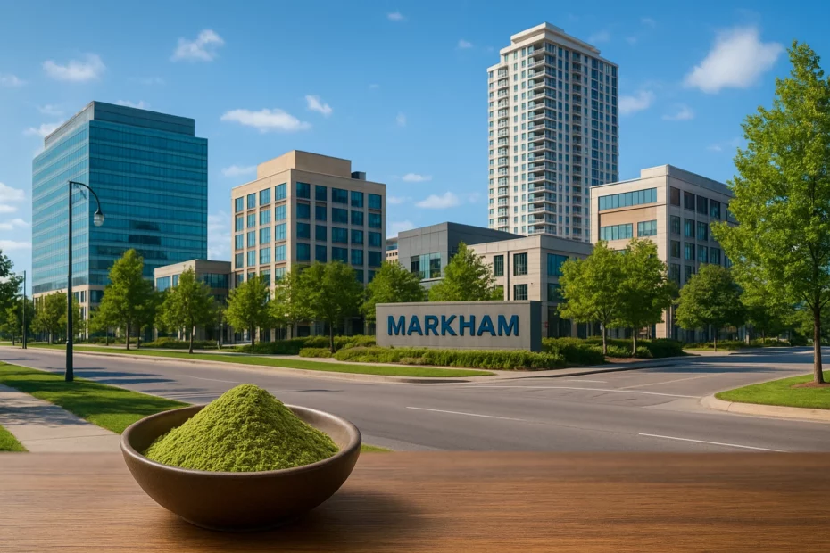 Buy kratom online in Markham with a bowl of kratom powder on wooden surface overlooking modern corporate buildings and Markham sign