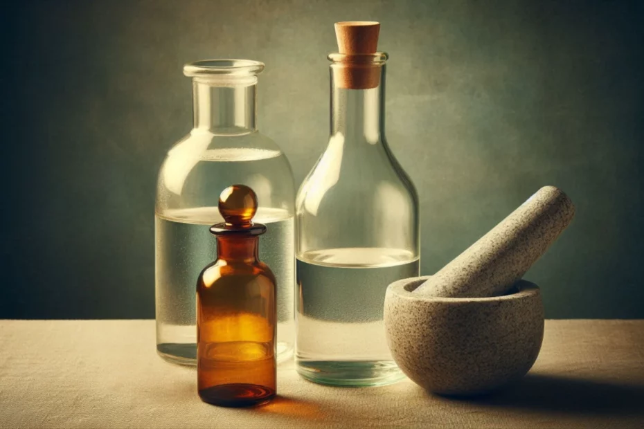 Three glass bottles with cork stoppers and a stone mortar and pestle on a beige surface, used for making spagyrics mixtures