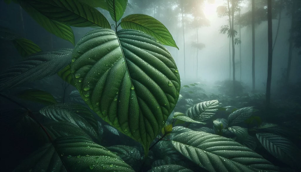 Large kratom leaf with water droplets in a misty rainforest under soft sunlight.