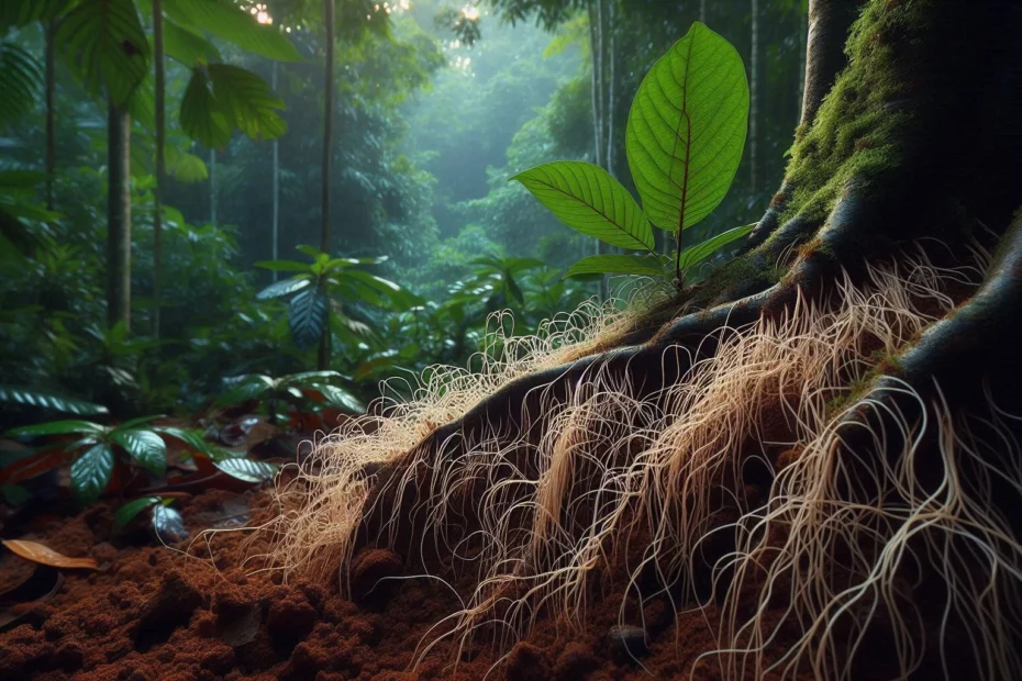 The mycorrhizal relationship between a kratom tree and fungi in a rainforest. The tree base is covered in fungi.