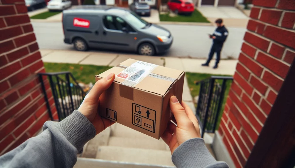 A person receiving a small cardboard package outside their house with a delivery van and courier in a residential neighbourhood