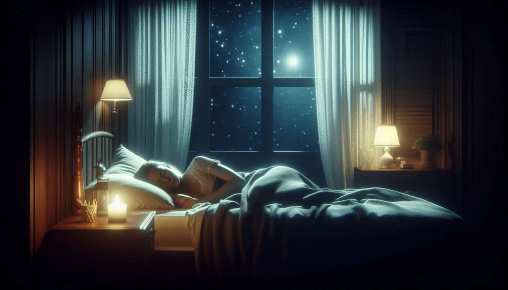 A cozy bedroom with a person sleeping under blankets, illuminated by soft lamplight and a candle, with a starry night sky visible through a large window