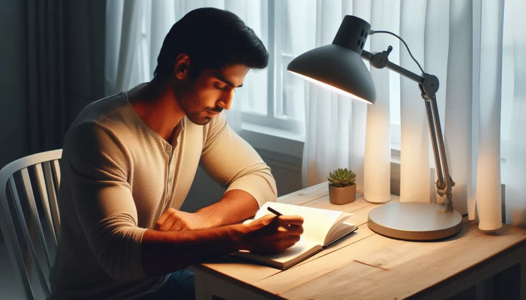 Person writing in a journal under a modern desk lamp, with a small succulent plant nearby