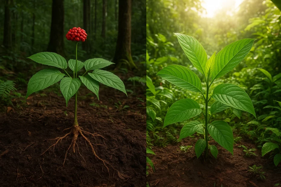 The terroir in medicinal plants, with two different small plants being grown in different soils and climates
