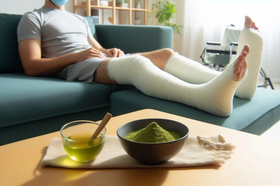 Kratom for post-surgical recovery with a person with bandaged legs resting on a couch by a bowl of green kratom powder on a table