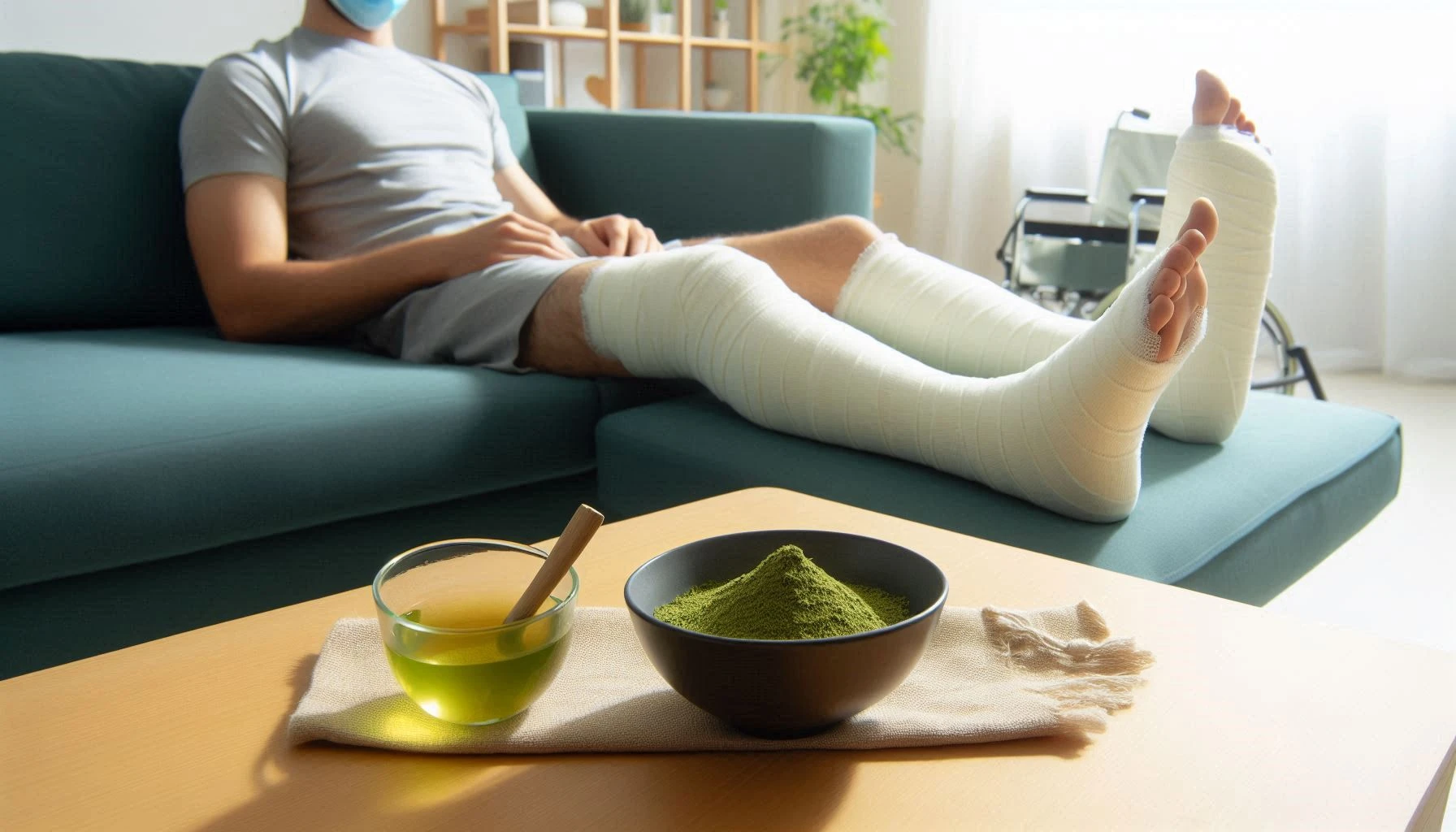 Kratom for post-surgical recovery with a person with bandaged legs resting on a couch by a bowl of green kratom powder on a table