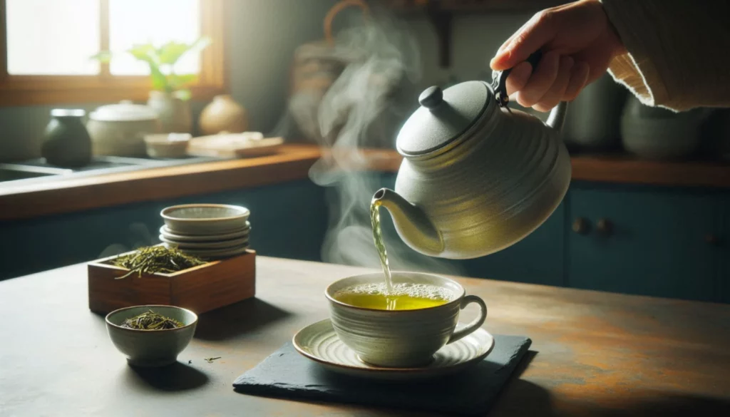 A hand pouring steaming kratom tea from a teapot into a cup, with accessories and a small bowl of kratom leaves nearby