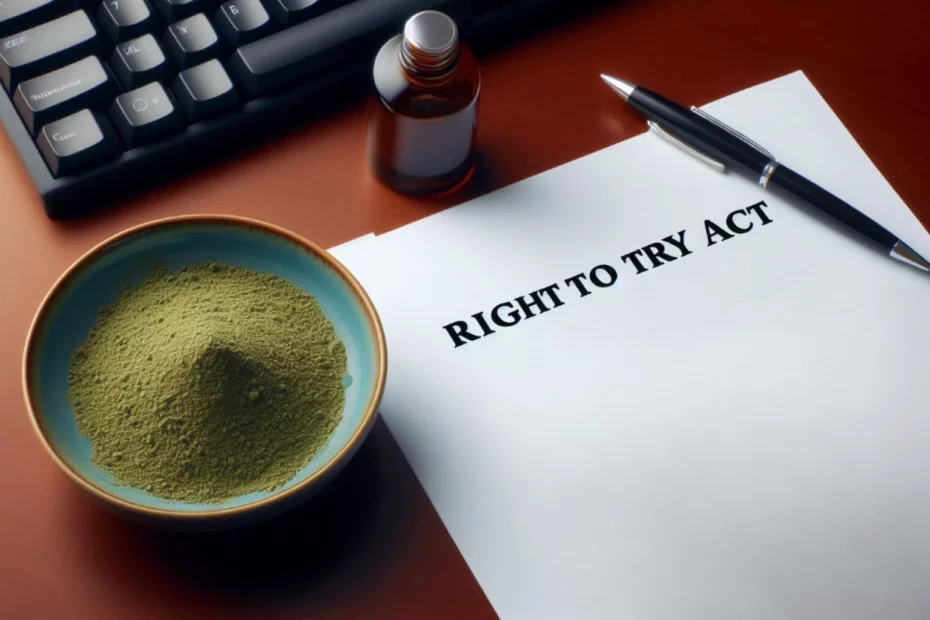 A bowl of green kratom powder, a document with Right To Try laws, a pen, and a small bottle on a desk with a keyboard