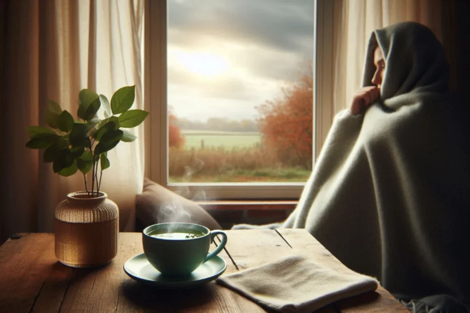 A person using kratom for Seasonal Affective Disorder wrapped in a blanket, gazing out a window