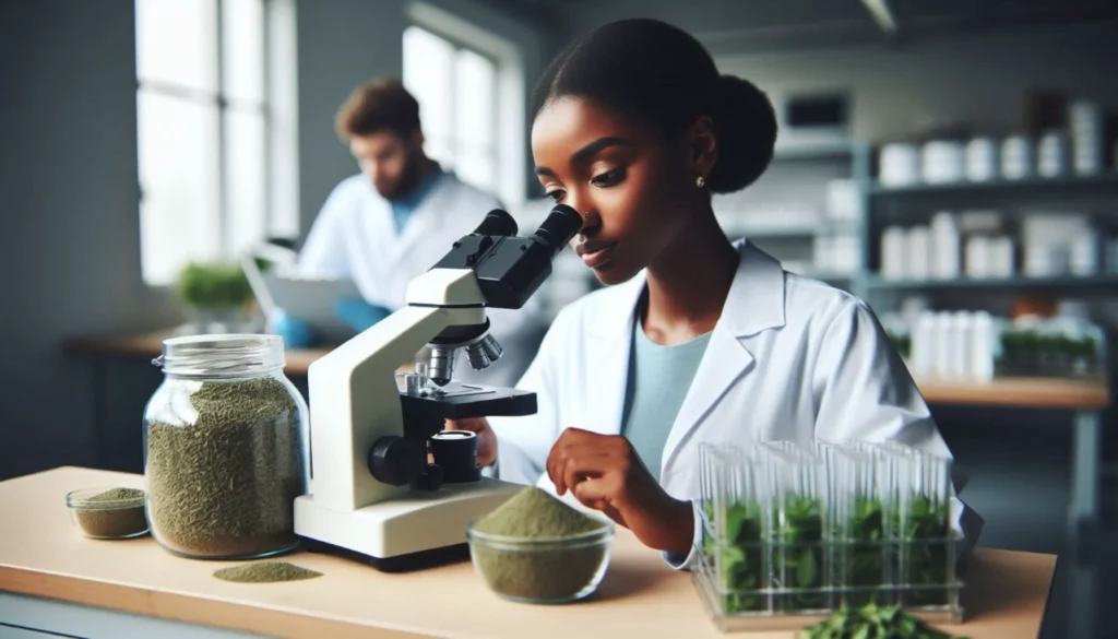 Scientist in lab coat using microscope with kratom powder in bowl and jar, test tubes with plants nearby
