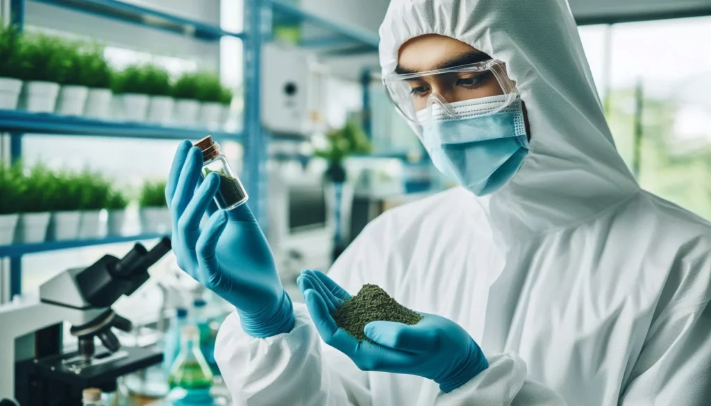 A scientist in a white protective suit and blue gloves holding a small bottle and a handful of green kratom powder in a laboratory