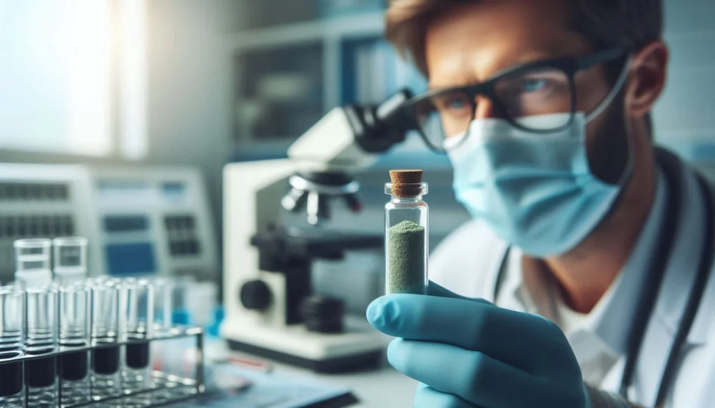 A scientist in a lab coat and gloves holds a vial of green kratom powder, with a microscope and test tubes in the background