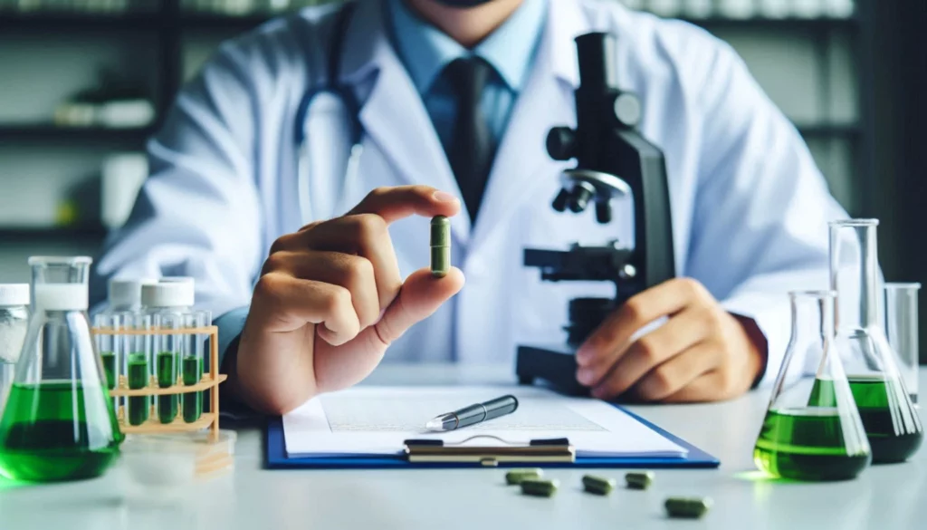 Scientist in a lab coat holding a green kratom capsule near a microscope, with test tubes and flasks containing green liquid