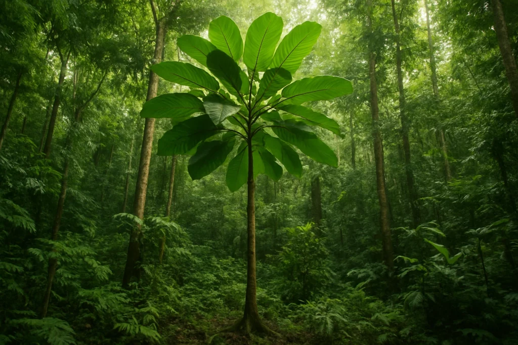 Young kratom tree with broad glossy leaves and straight trunk rising from forest floor