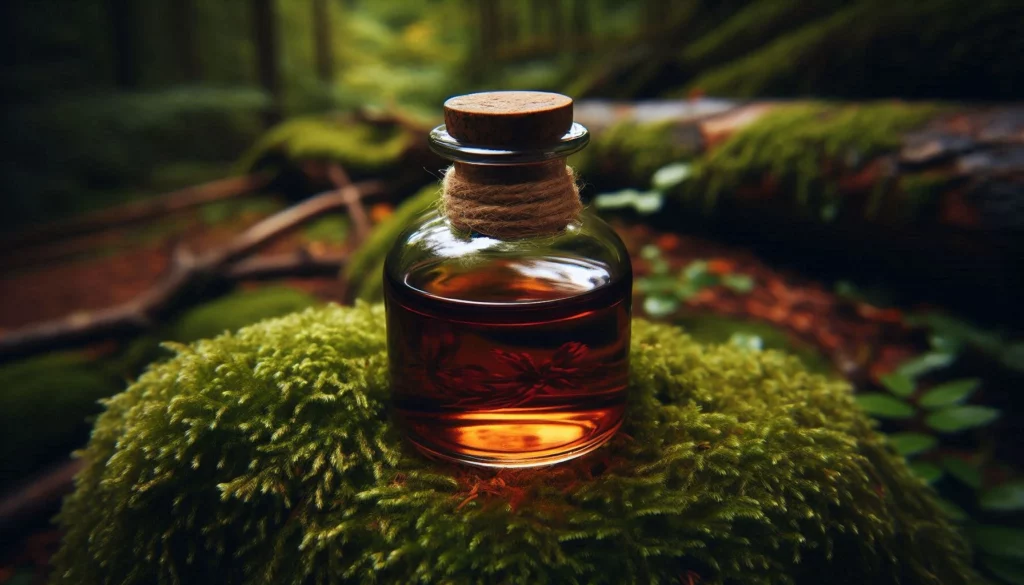 A small glass bottle with a cork and twine, filled with amber liquid, resting on lush green moss in a forest