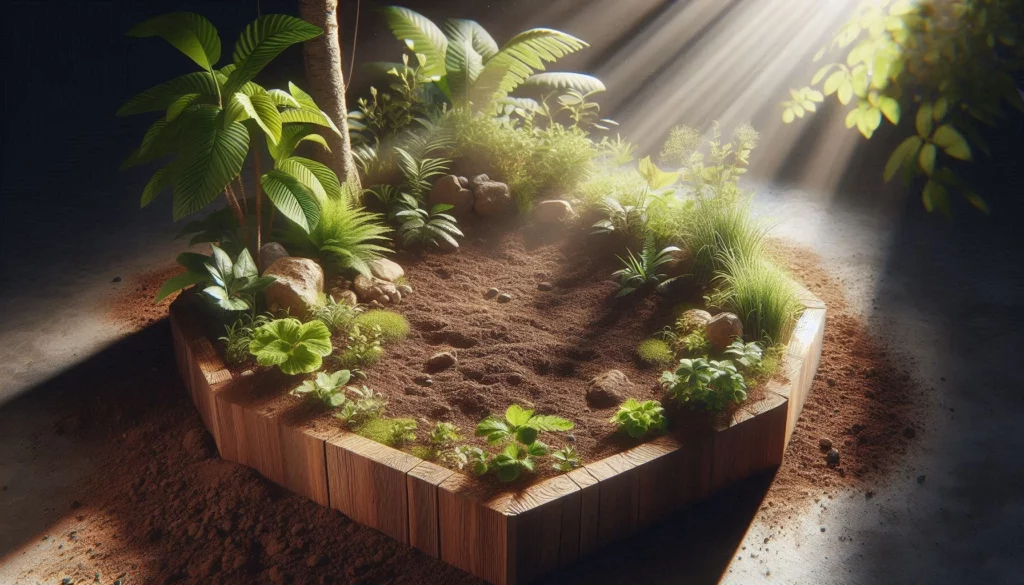Lush green plants and ferns thriving in a hexagonal wooden box filled with soil, illuminated by soft rays of natural sunlight