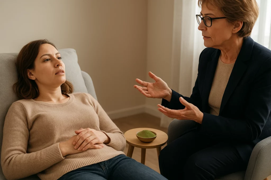 A woman reclining on a chair, speaking with a therapist in a blazer, with a bowl of kratom on a side table