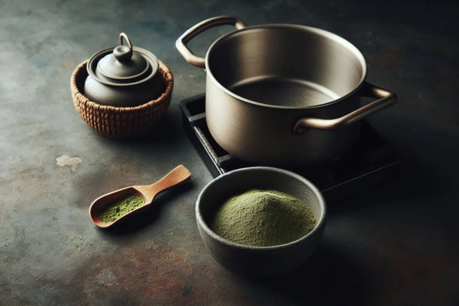 Kratom powder in a bowl with a wooden spoon, next to a metal pot and teapot, highlighting the Maillard reaction in kratom