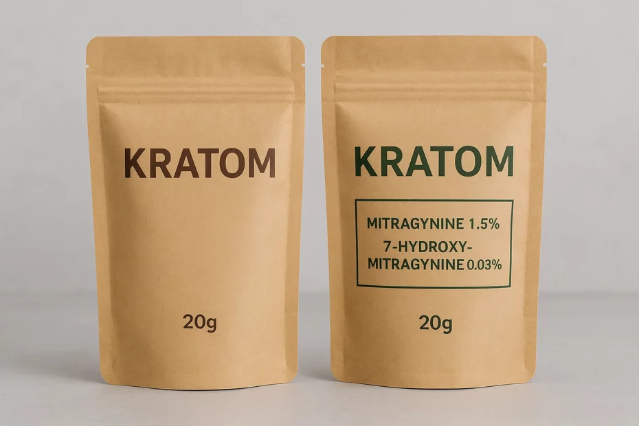 Two brown kraft packets labelled "KRATOM" with one detailing alkaloid content and the other blank, highlighting kratom alkaloid standardization.