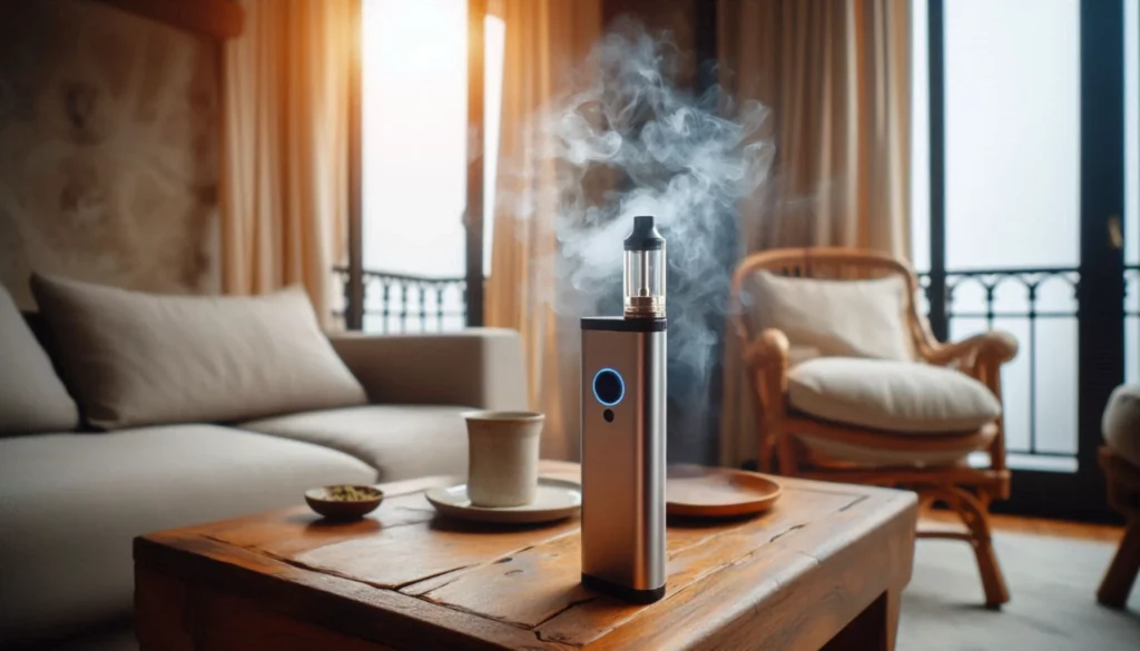 Vape mod with clear tank on a coffee table with rising vapour by a rattan chair in sunlit living room