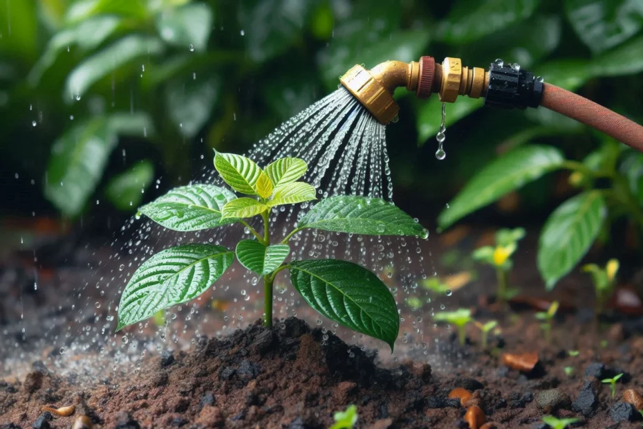 Kratom irrigation with a young kratom plant being watered by a garden hose