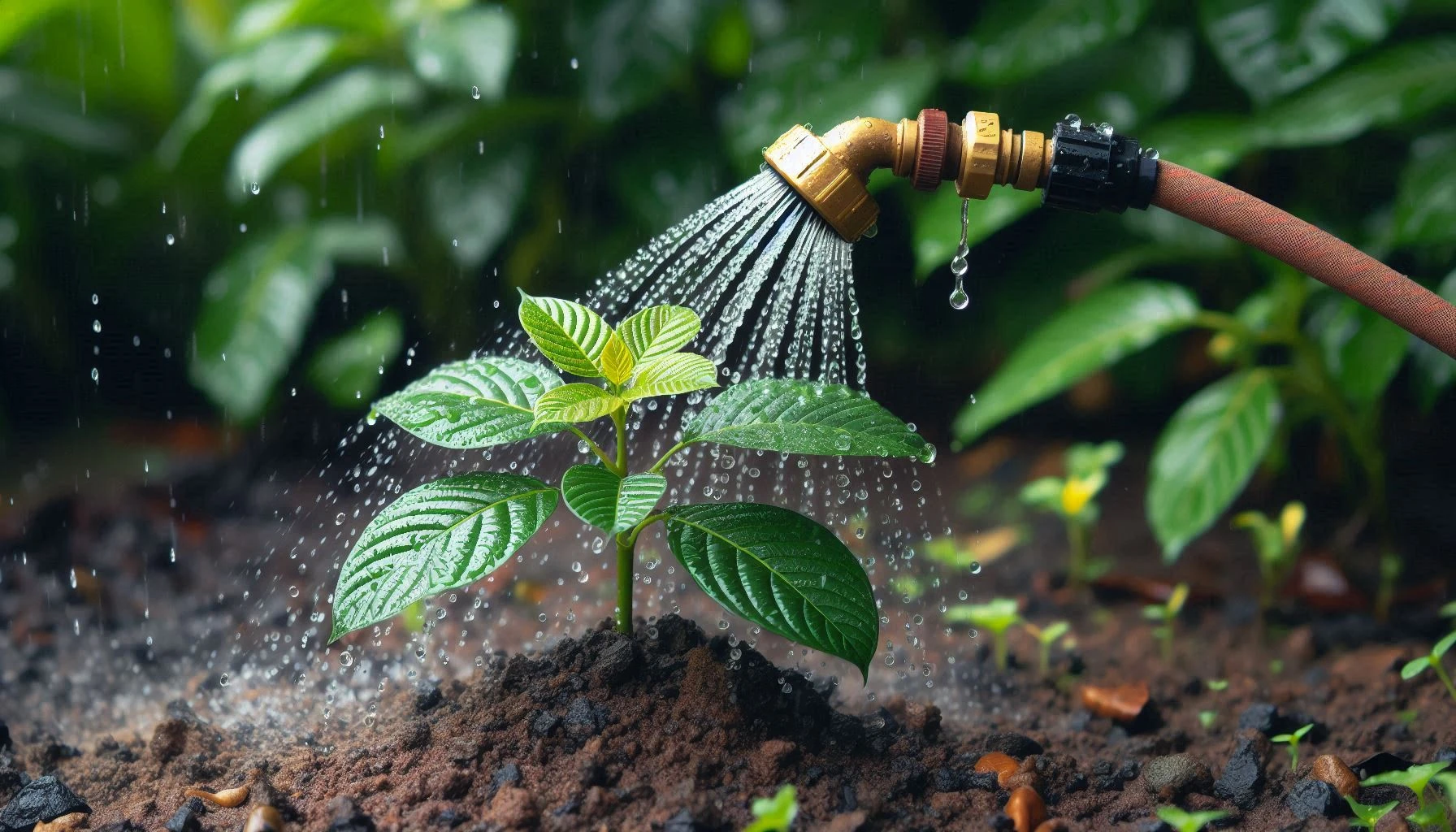 Kratom irrigation with a young kratom plant being watered by a garden hose