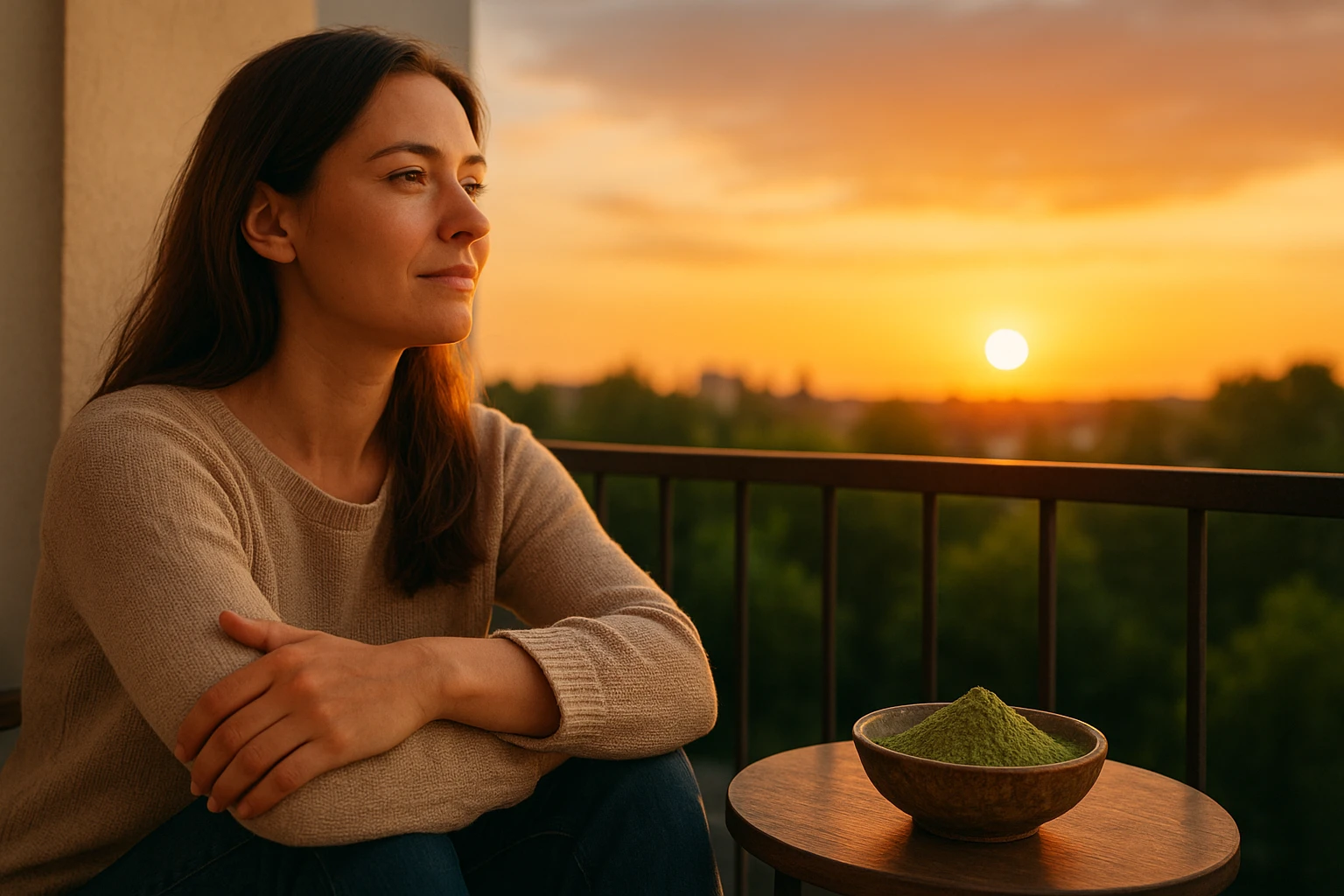 A woman experiences kratom afterglow in a beige sweater, gazing at a sunset from a balcony with a bowl of kratom powder on a table