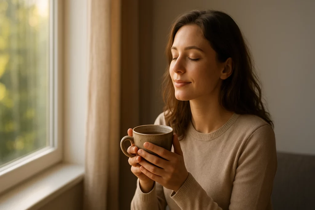 Woman with closed eyes holding a ceramic mug near a sunlit window with green foliage outside