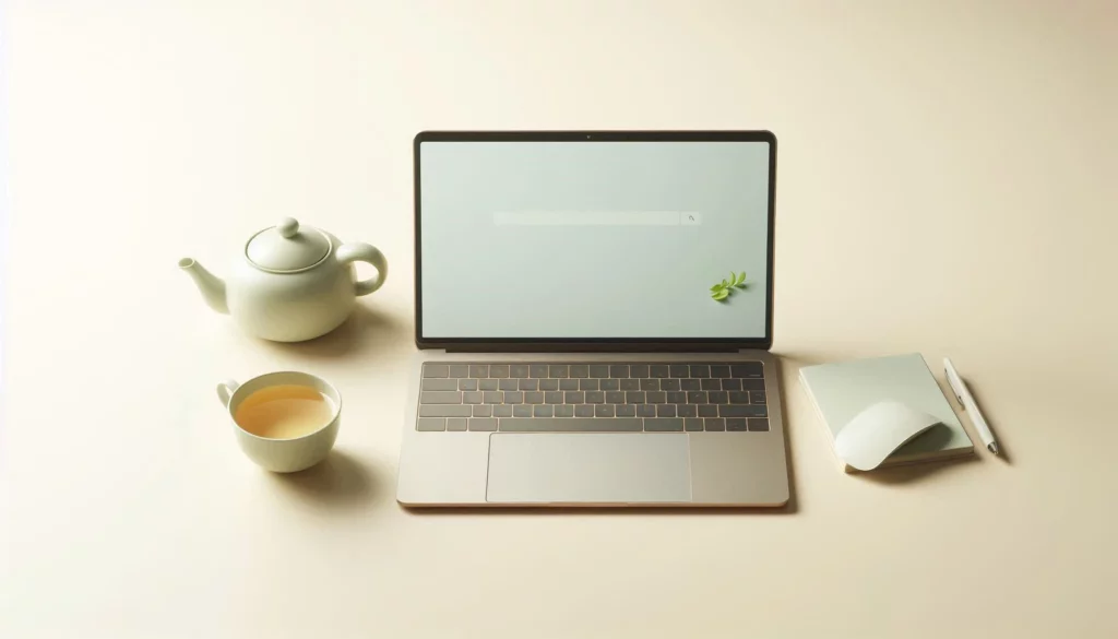 Sleek laptop with search bar screen beside white teapot and cup, paired with notepad and pen on minimalist beige surface