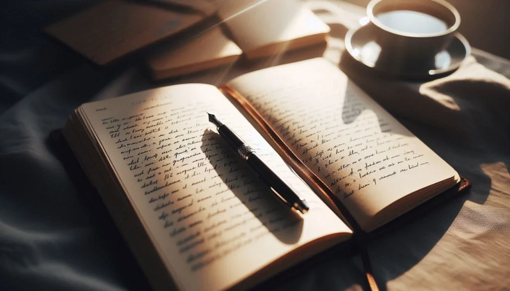 Open journal with handwritten pages and a pen resting on the pages, accompanied by a coffee cup in soft morning light.