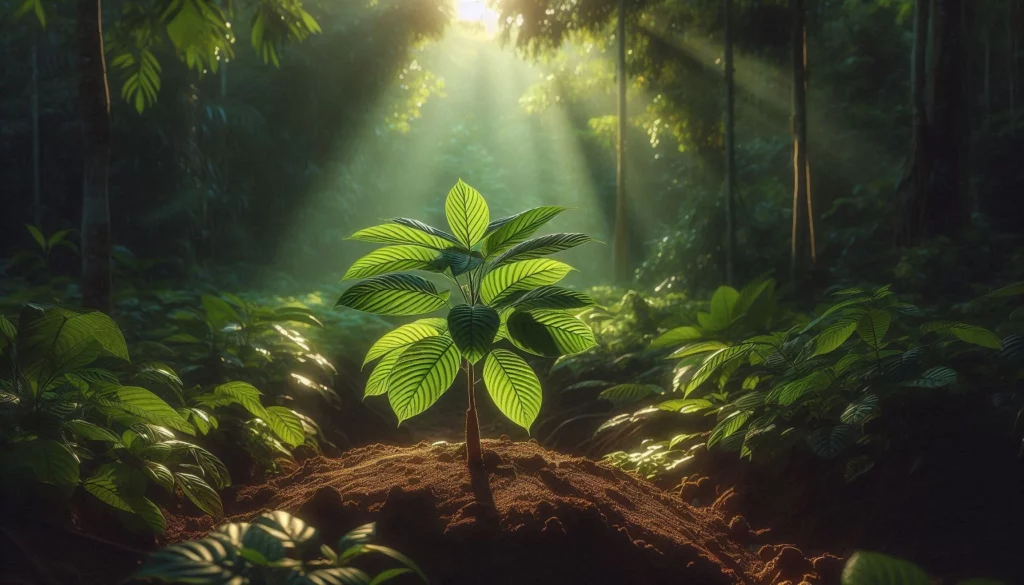 Young kratom tree with green leaves growing from a soil mound, bathed in sunlight filtering through dense forest canopy