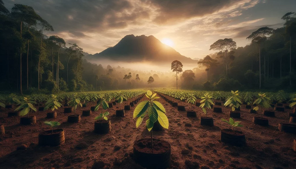 Rows of young kratom trees in pots, with a mountain and sunrise in the background