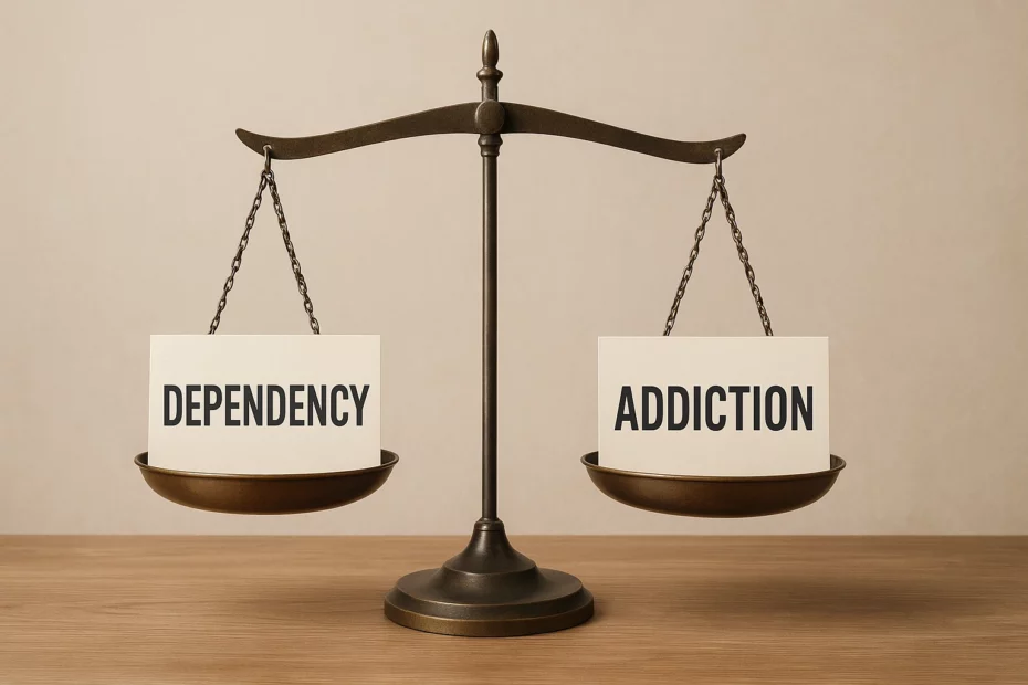 Dependency vs addiction with a vintage balance scale with two pans and the same words placed on a wooden surface