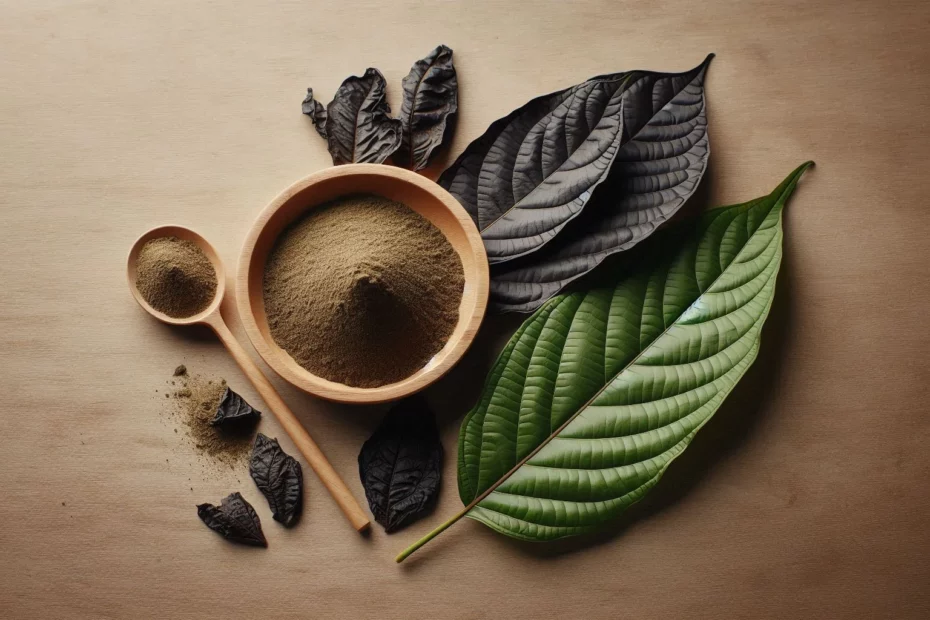Wooden bowl and spoon filled with black vein kratom powder with fresh and dried kratom leaves on a textured surface