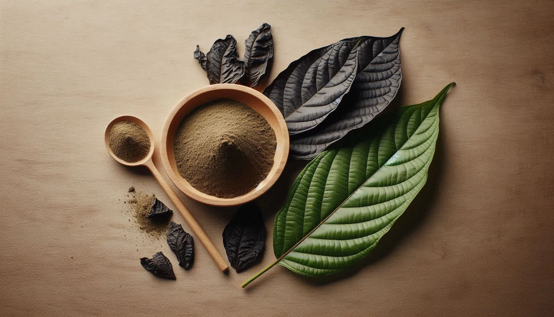 Wooden bowl and spoon filled with black vein kratom powder with fresh and dried kratom leaves on a textured surface