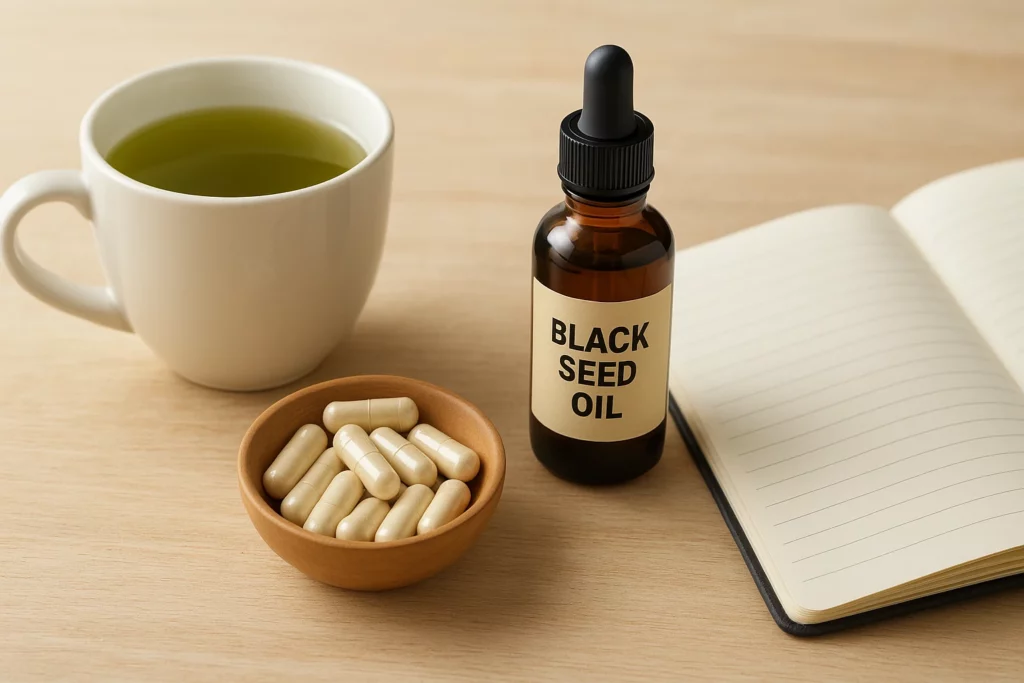 Black seed oil bottle, a bowl of beige capsules, an open notebook, and a cup of tea on a wooden surface