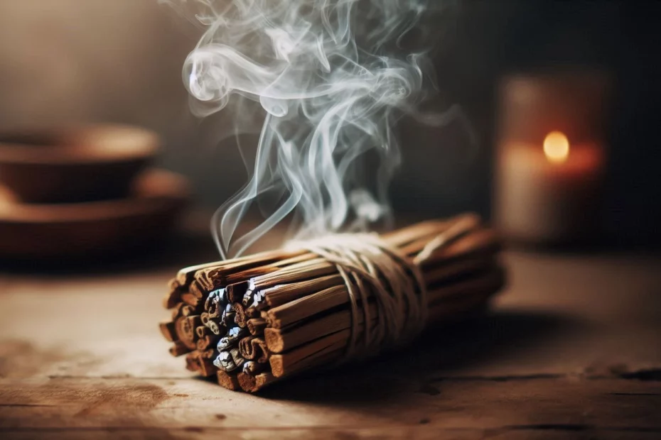 A bundle of palo santo sticks tied with string emitting swirling smoke