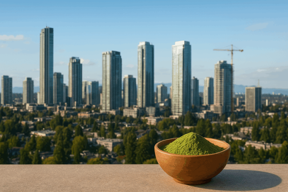 Kratom online in Burnaby, with the city skyline of tall buildings featuring a bowl of kratom powder on a stone ledge