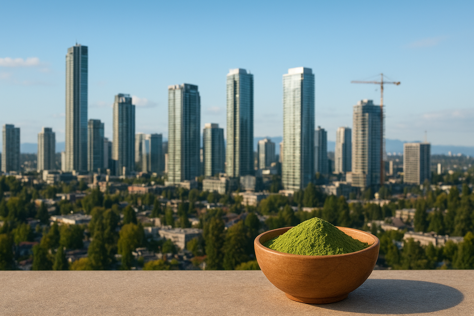 Kratom online in Burnaby, with the city skyline of tall buildings featuring a bowl of kratom powder on a stone ledge