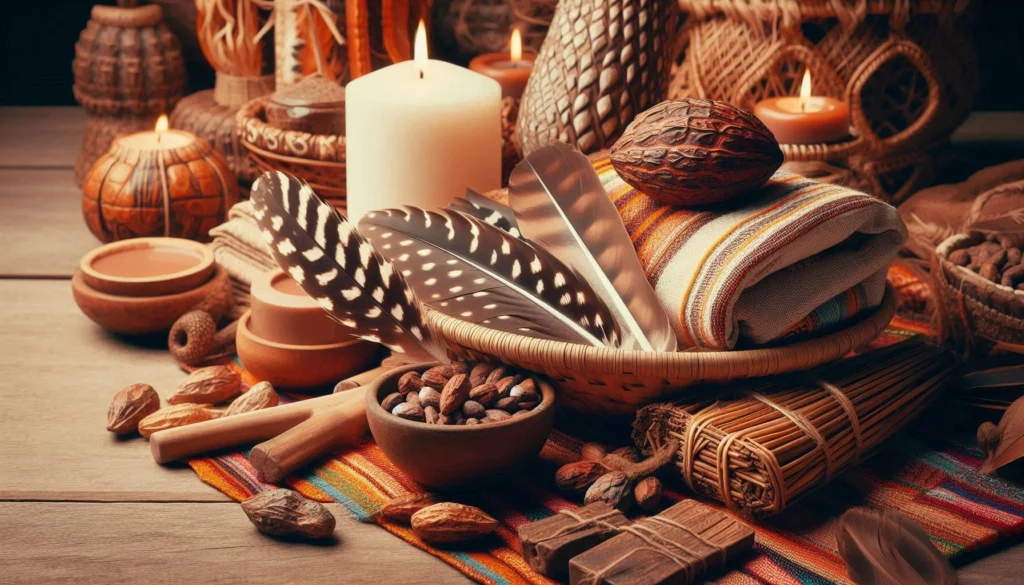 An assortment of cacao pods, feathers, candles, and woven baskets on a wood surface