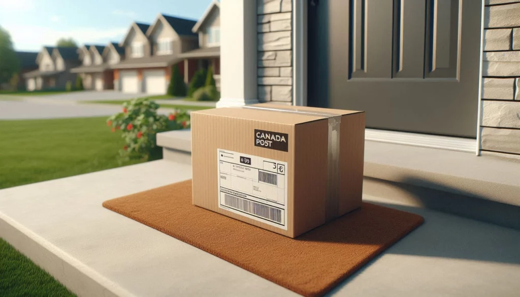 A sealed Canada Post delivery box on brown doormat at doorstep in Oshawa