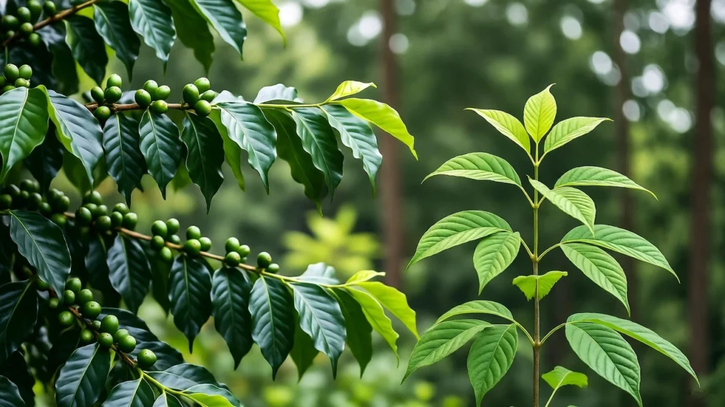 Lush coffee plant with green cherries and broad leaves beside a kratom plant with vibrant foliage grown in a forest
