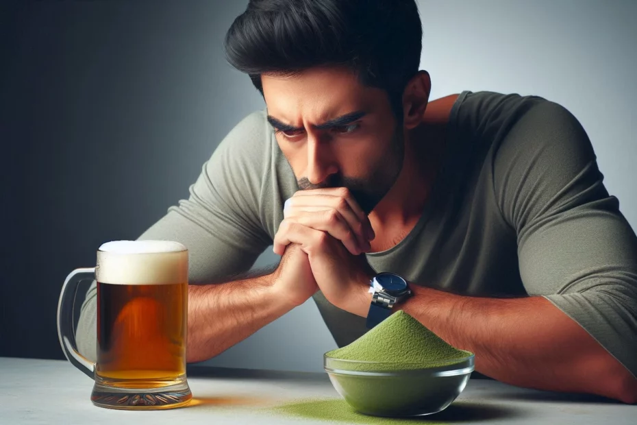 A person with clasped hands, staring at a mug of beer and a bowl of red vein kratom for relaxation on a table