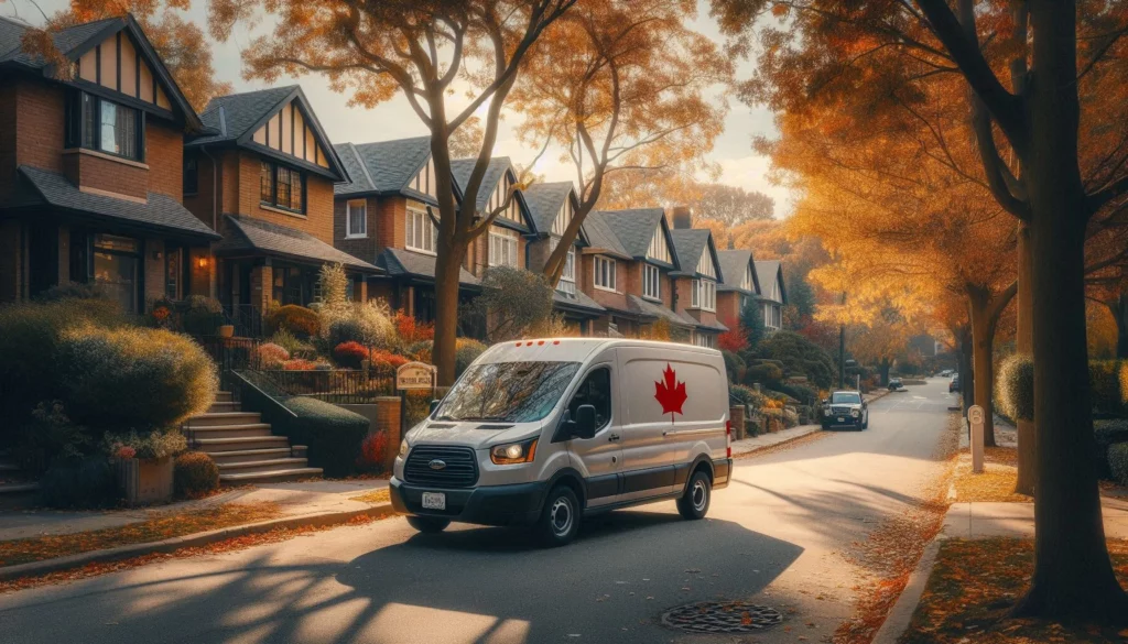A delivery van with a red maple leaf logo parked on a tree-lined street in a residential neighbourhood