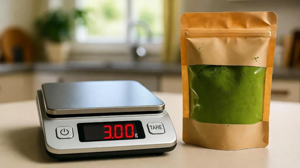 Digital scale displaying 3.00g next to sealed kraft bag of green kratom powder on a kitchen counter