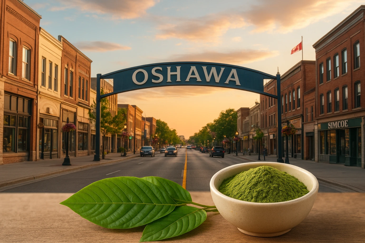 Kratom in Oshawa with the powder in white bowl with fresh leaves on wooden surface on a downtown street