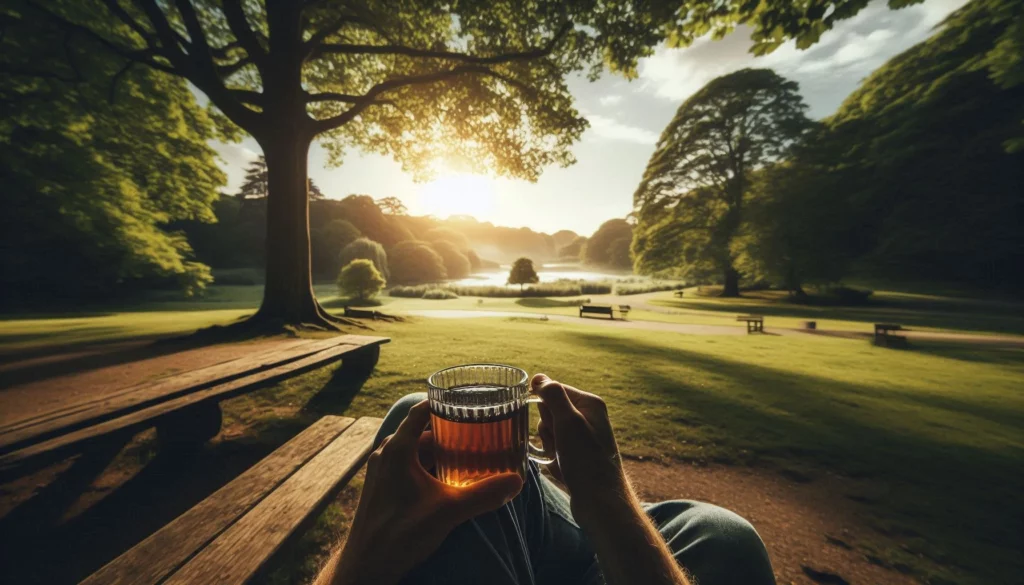 Person holding a glass of tea, sitting on a wooden bench under a large tree, at a park during sunrise.