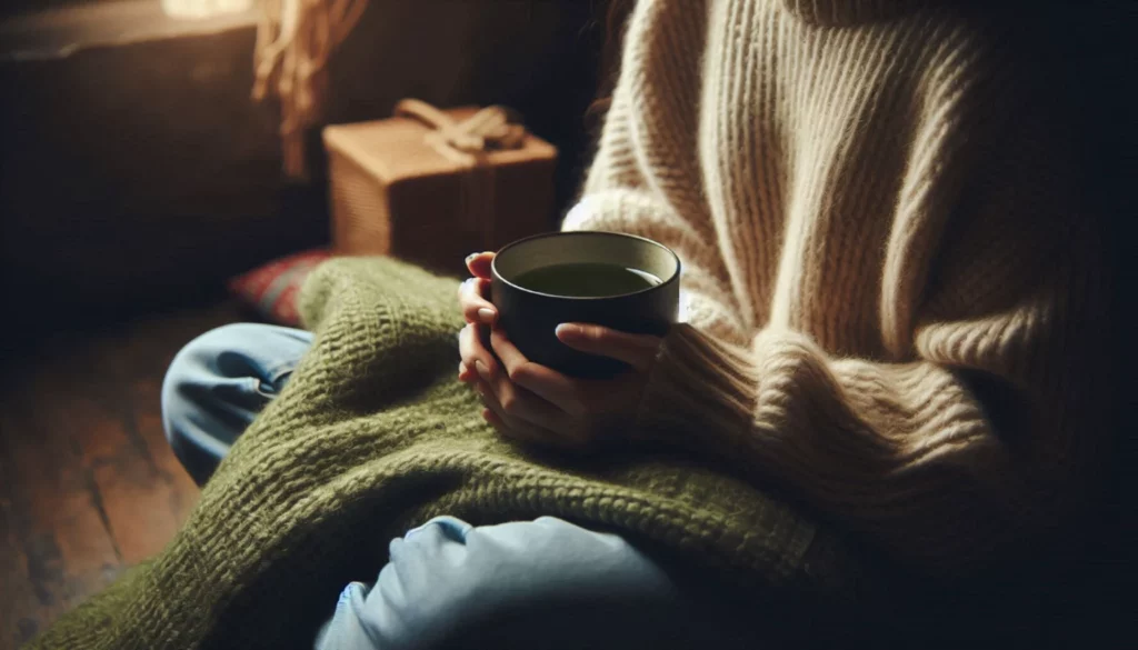 Person in a beige sweater holding a black mug of kratom tea, wrapped in a green blanket