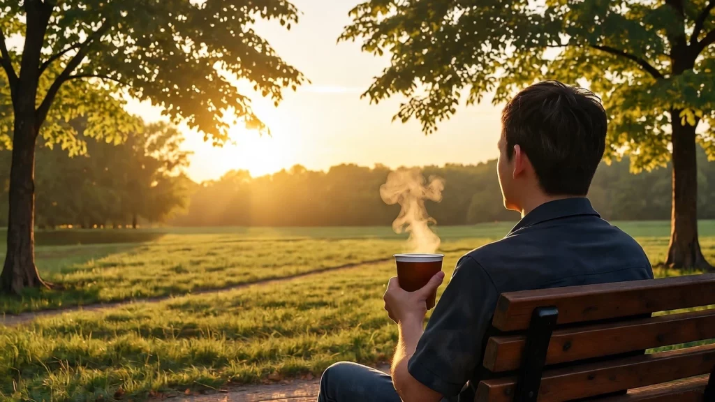 Person holding a steaming cup of kratom tea, sitting on a wooden bench in an Oakville park with a sunset glowing over green fields