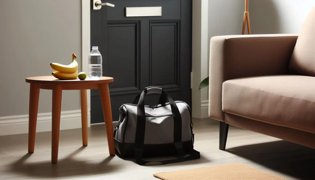 A living room with a small wooden side table with fruits, and a water bottle, next to a black door, with a gray exercise bag on the floor and a beige sofa.